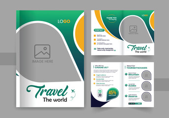 Travelling agency bifold brochure design and creative corporate business company profile template with cover page layout
