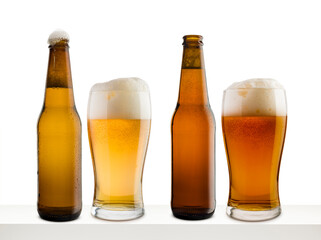 Bottles and glasses of different beer on white shelf and white background.