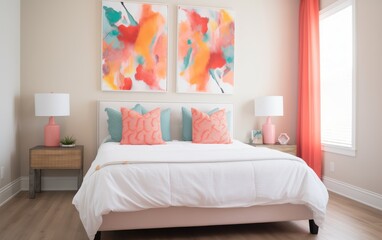 beautiful bright bedroom with bright paintings on the walls 