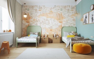 beautiful bright children's room in loft style, with bright paintings on the walls