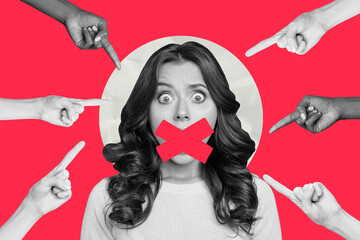 Artwork collage sketch of arms showing afraid scared woman with closed mouth listening haters...
