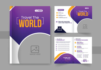 Travelling agency bifold brochure design and creative corporate business company profile template with cover page layout