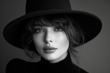 Monochrome portrait of a beautiful elegant stylish Caucasian woman in a black hat, studio shot