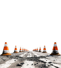 cracked asphalt road with marking lines and orange-white stripe safty cones on white background