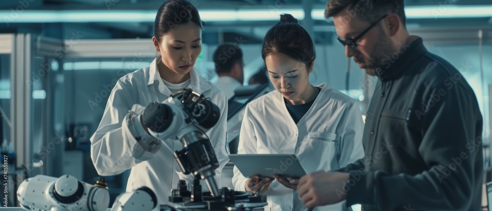 Aufkleber A team of engineers is analyzing and discussing how a futuristic robot arm is designed and how it operates in a high tech research laboratory with modern equipment.