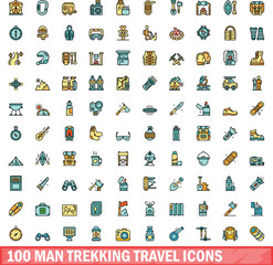 100 man trekking travel icons set. Color line set of man trekking travel vector icons thin line color flat on white