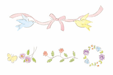 青と黄色の鳥とピンクのリボンと花のレリーフ　ファンシーなメッセージカード