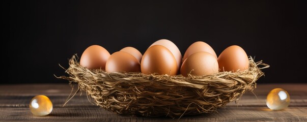 BIO fresh chicken eggs on green farm, food protein healthy food banner. Generative Ai.