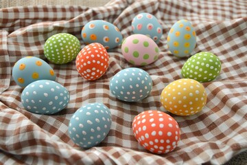 Fototapeta premium Happy Easter Eggs Basket creative. Bunny hopping in flower white space decoration. Adorable hare 3d easter table runners rabbit illustration. Holy week easter hunt Elegant arrangement card pots