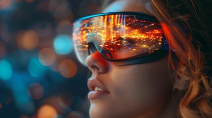 Conceptual image of a woman with virtual reality glasses. Future technology concept. - obrazy, fototapety, plakaty