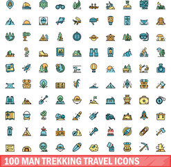 100 man trekking travel icons set. Color line set of man trekking travel vector icons thin line color flat on white