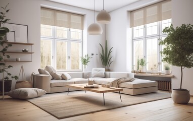 beautiful bright living room with large windows 
