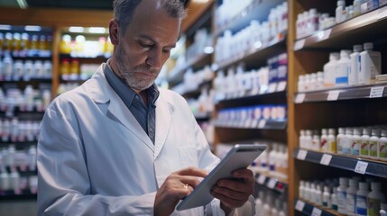 A professional man stands confidently in his white coat, using a tablet to efficiently manage the shelves of a busy retail pharmacy
