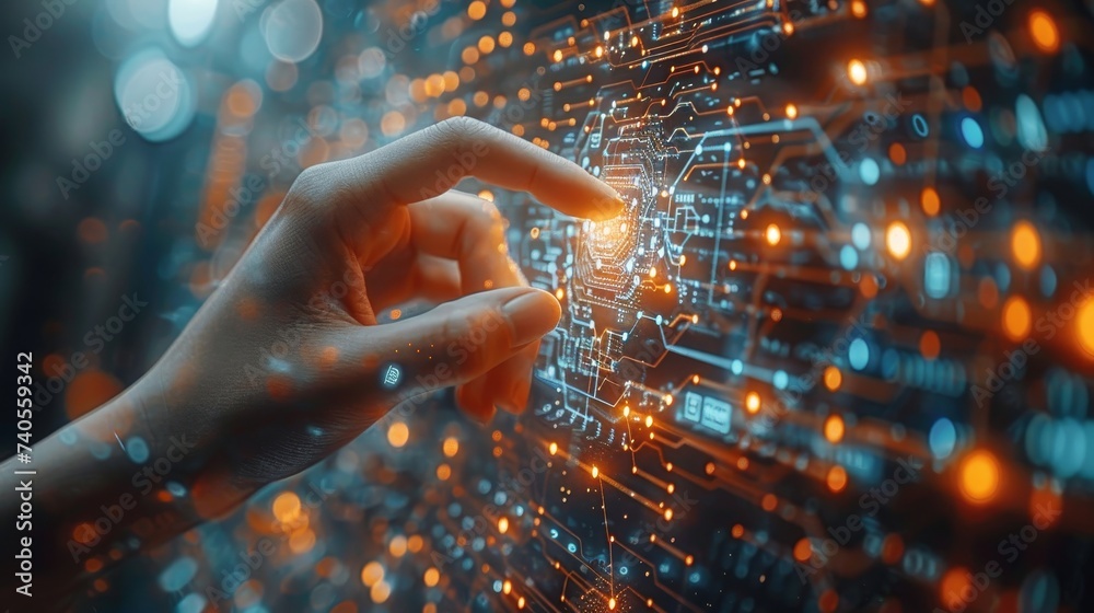 Aufkleber Data-driven concept. Digital neural network. Business woman holding artificial intelligence. Cyberspace of the future. Innovation in technology and science.