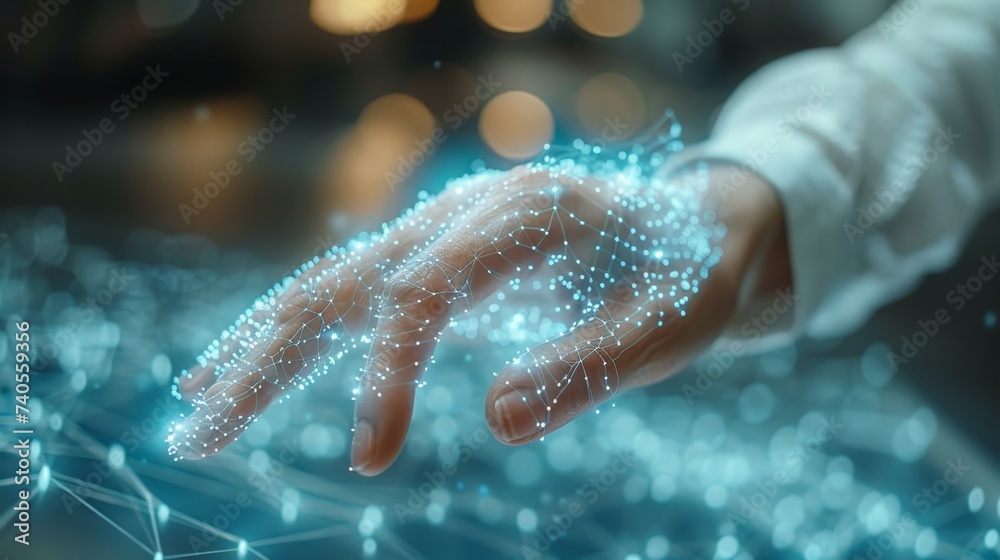 Aufkleber Digital neural network concept. Business woman hand touching introduction of artificial intelligence. Cyberspace of the future. Innovation and science in technology.