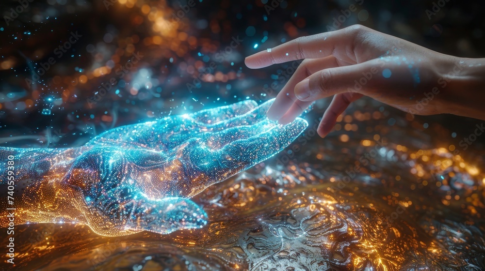 Poster an image of a woman's hand touching the metaverse universe in a digital transformation concept for t
