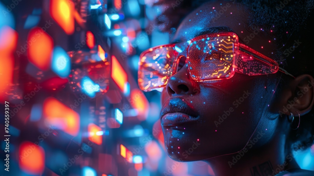Aufkleber People with glasses trying to interact with objects in a virtual world named the metaverse. Futuristic tone.