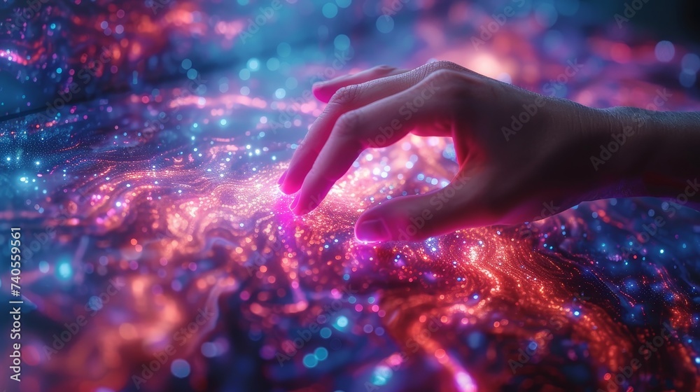 Poster symbol of digital transformation for the next generation technology era depicted by the hand of a wo