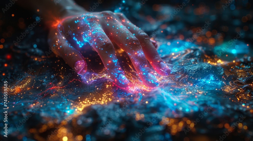 Poster an image of a woman's hand touching the metaverse universe, a conceptual image that represents the c