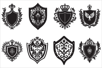 Heraldic shield, Vintage shield with various elements on a white background