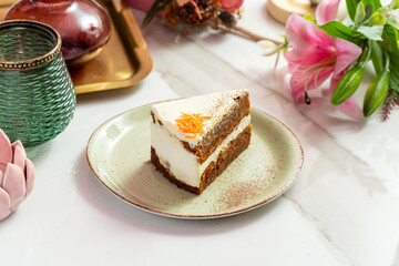 Cake, piece of carrot cake. Beautiful. Dessert