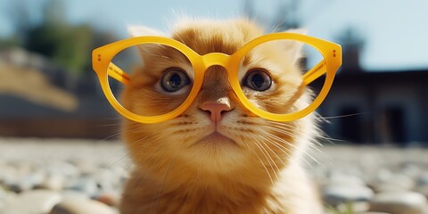 A cat with a pair of glasses on its face. Perfect for pet lovers and animal enthusiasts