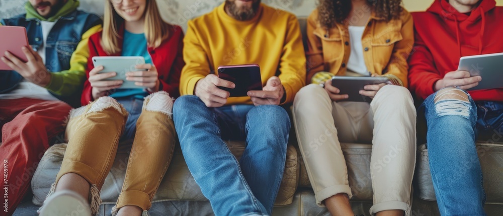 Poster in the background is a close-up group of hipster friends sitting on a couch using smartphones. busin