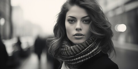 A woman wearing a scarf in black and white. Suitable for fashion or winter themed projects