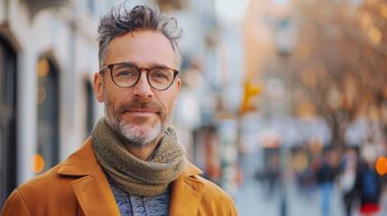Confident middle-aged man with stylish glasses and a trendy scarf, sporting a casual yet fashionable look outdoors, showcasing a friendly smile  - obrazy, fototapety, plakaty