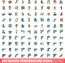 100 raised temperature icons set. Color line set of raised temperature vector icons thin line color flat on white