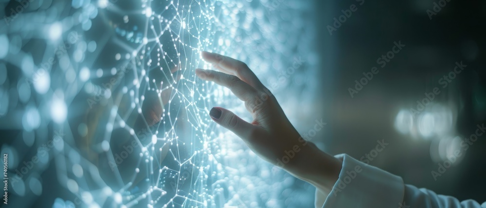 Poster business woman holding hand up to introduction of artificial intelligence. future of cyberspace. sci