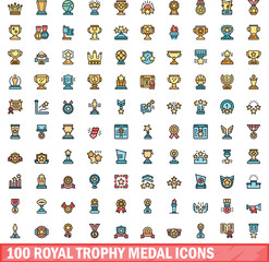 100 royal trophy medal icons set. Color line set of royal trophy medal vector icons thin line color flat on white