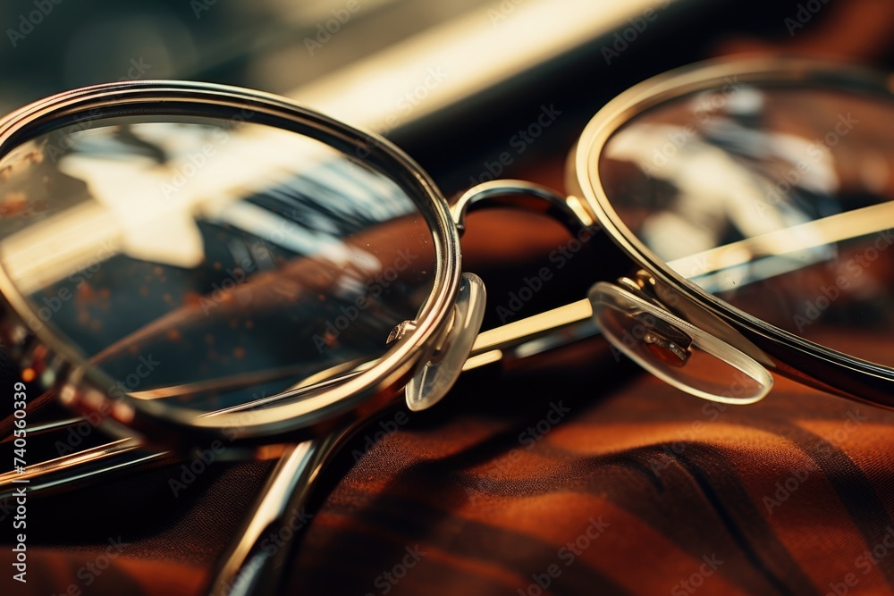 Poster a pair of glasses resting on top of a cloth. ideal for illustrating vision concepts