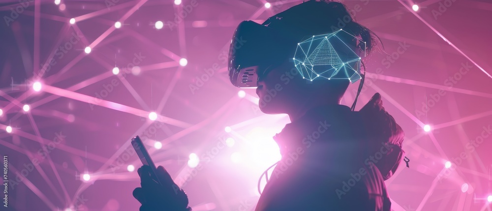 Poster taking part in the metaverse virtual world via a smart phone. futuristic tone. conceptual photo.