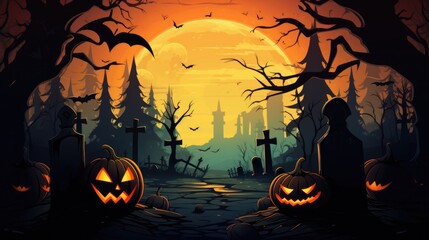 Spooky Halloween scene with pumpkins and tombstones. Perfect for Halloween-themed projects