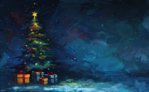 A beautifully adorned Christmas tree stands amidst a collection of wrapped gifts, creating a festive and joyful holiday scene. AI generative.