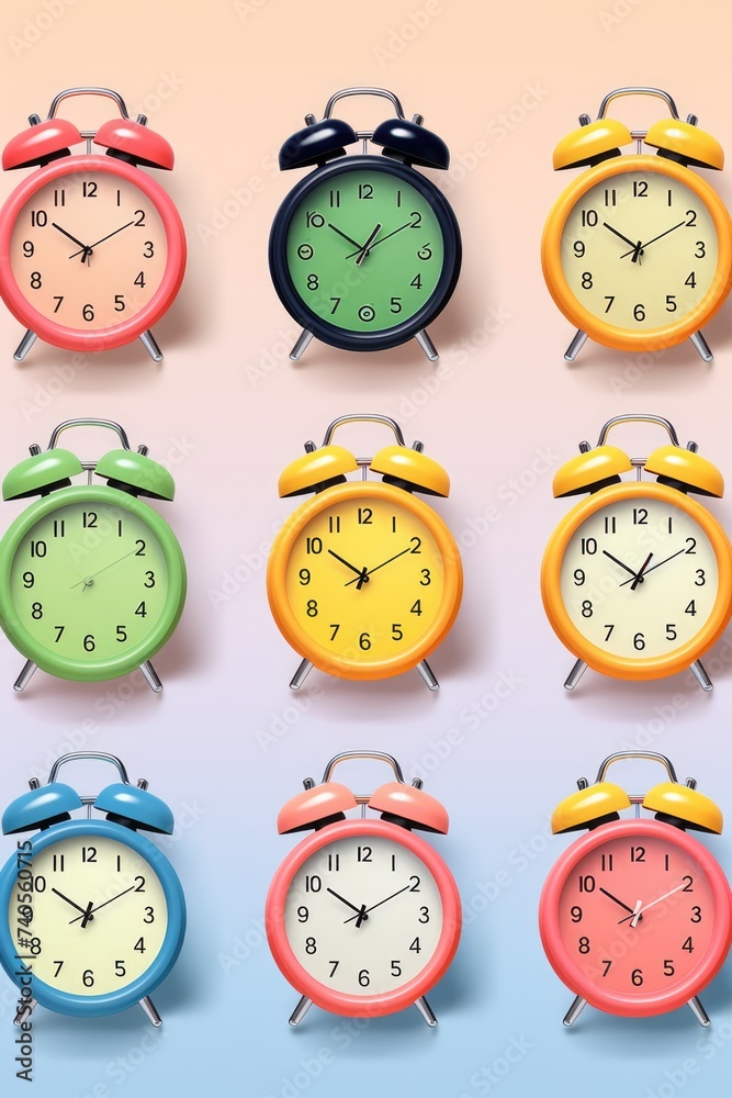 Poster collection of various colored alarm clocks, perfect for time management concepts
