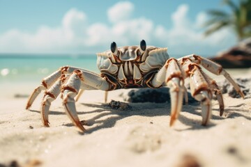 A crab sitting on a sandy beach next to the ocean. Suitable for nature and marine themed designs