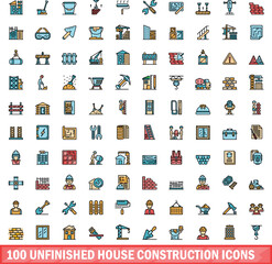 100 unfinished house construction icons set. Color line set of unfinished house construction vector icons thin line color flat on white