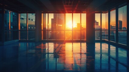 Fototapeta premium The morning sun reflects off the still waters of the city skyline, illuminating the large indoor space through the expansive window and casting a warm glow on the polished floors