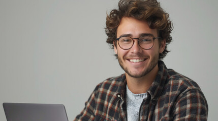 Young adult with curly hair smiling at the camera, wearing glasses and a casual plaid shirt over a t-shirt, with a laptop situated in front of him against a neutral background. - obrazy, fototapety, plakaty