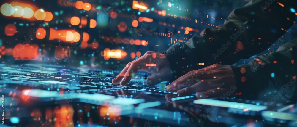 Poster A computer programmer working on big data and computer code with data centers and server rooms as backgrounds.