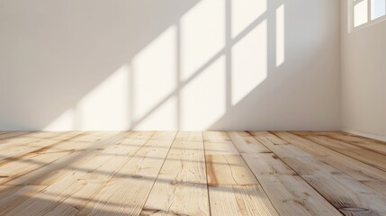 A serene indoor scene with warm beige wood flooring and a white wall illuminated by natural daylight through a large window, creating a calming atmosphere with a touch of rustic charm