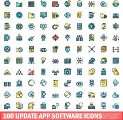 100 update app software icons set. Color line set of update app software vector icons thin line color flat on white
