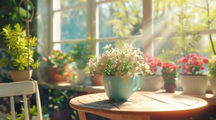 A warm, sun-drenched indoor setting featuring white blossoms in a blue teacup on a wooden table surrounded by lush houseplants.