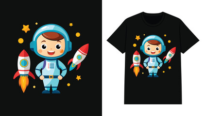 cute astronaut t-shirt design. cartoon astronaut with rocket  for print design apparel and clothing