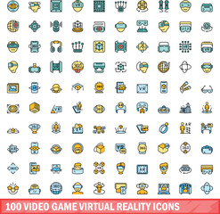 100 video game virtual reality icons set. Color line set of video game virtual reality vector icons thin line color flat on white