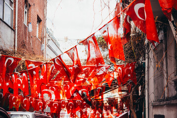 Garlands of festive turkish flags on one street of Istanbul, Turkey.