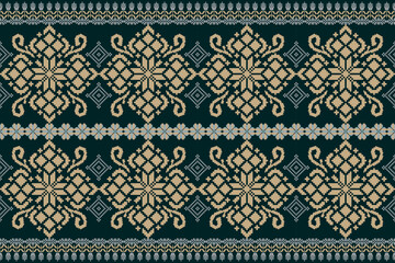 Floral pixel art pattern on white background.geometric ethnic oriental embroidery vector illustration.pixel style,abstract background,cross stitch.design for texture,fabric,cloth,scarf, table runner.