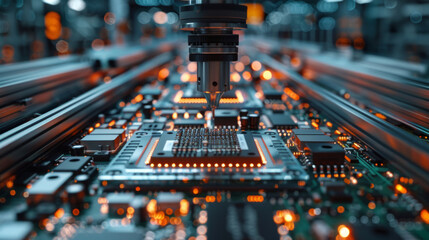 Fototapeta na wymiar Close-up view of a robotic arm conducting detailed work on an advanced circuit board inside an industrial setting, showcasing precision and high-tech engineering in electronics manufacturing.